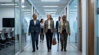 Middle-aged professionals walking through modern office corridor, diverse group in business attire discussing work matters in contemporary workplace environment.