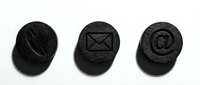 Three black textured rubber stamps featuring communication symbols: phone, envelope, and email icon, isolated on white background for design projects and digital applications.