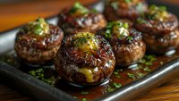 Grilled stuffed portobello mushrooms with melted cheese and fresh herbs on baking tray, ready for serving as appetizer or main course.
