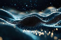 Abstract digital wave made of glowing particles flowing through dark space with bokeh lights and stars for technology backgrounds.