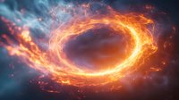 Glowing fiery ring with orange flames and blue smoke swirling in dark space, creating dramatic cosmic portal effect with sparks and energy particles.