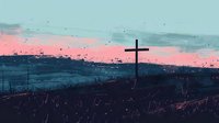 Silhouette of Christian cross against dramatic pink and teal sunset sky, dark foreground with grass silhouettes creating spiritual atmosphere at dusk.