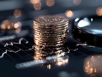 Stack of golden coins on financial chart with bokeh lights background, representing wealth growth and investment success in stock market trading.