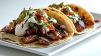 Delicious street tacos with grilled meat, fresh cilantro, diced tomatoes, and creamy sauce served on corn tortillas on white plate.