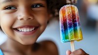 Young African American girl with bright smile holding colorful rainbow popsicle ice pop on blurred background, capturing pure joy and summer refreshment.