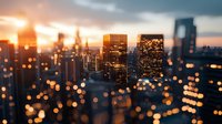 Dramatic cityscape at dusk with glowing bokeh lights and skyscrapers silhouetted against warm sunset sky, creating atmospheric urban landscape with defocused elements.