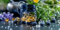 Fish oil omega-3 supplements in glass jar with fresh herbs, water drops and decorative stones on dark surface, natural health concept panoramic view.