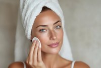 Young Caucasian woman with towel on head applying skincare, removing makeup with cotton pad during beauty routine.