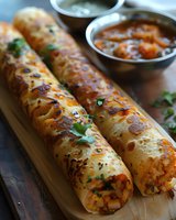 Crispy rolled crepes filled with savory ingredients, garnished with fresh herbs and sesame seeds, served with spicy dipping sauce on wooden board. Close up view.