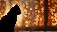 Silhouette of black cat against warm golden bokeh lights background creating magical holiday atmosphere.