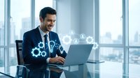 Professional businessman working on laptop with digital innovation icons and technology symbols in modern office environment for business solutions.