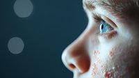 Young Caucasian child's face in profile showing freckles and bright blue eye against dark background with dramatic lighting and bokeh effect creates emotional mood.