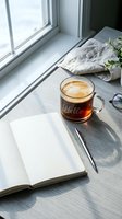 Cozy morning workspace with open notebook, glass coffee mug, pen, and glasses on a wooden desk by a sunlit window.