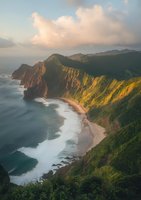 Dramatic coastal cliffs rise above pristine sandy beach at sunset, with waves crashing against rocky shore and lush green mountainside bathed in golden light.