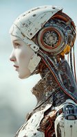 Futuristic female android robot with exposed mechanical components and circuitry in profile view showcasing advanced artificial intelligence technology.