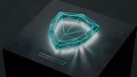Glowing turquoise geometric shield with wireframe design on dark platform, emitting light rays for security, protection, technology, and cybersecurity concepts.
