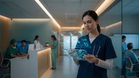 Female nurse in scrubs uses futuristic holographic tablet in modern hospital, digital health data glowing, medical team working in background.
