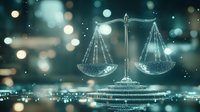 Digital scales of justice glowing with ethereal light against teal bokeh background, symbolizing legal system, law enforcement and judicial balance.