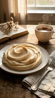 Cream-colored pastry swirl on white plate with fork, steaming coffee cup, open book with dried flowers, and window light for breakfast or dessert styling.