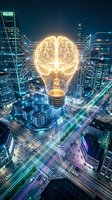 Glowing brain lightbulb floating above smart city at night with digital connections and light trails representing innovation and artificial intelligence concepts.