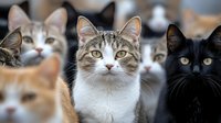 Group of diverse cats with focused tabby cat in center, surrounded by blurred feline faces including black cat. Close up portrait showing different breeds and colors.