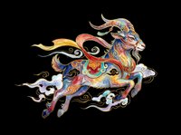 Colorful ornate goat leaping through clouds in traditional Asian art style, isolated on transparent background, ready for t-shirt design, stickers, and print on demand.