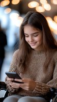 Young woman smiling while using smartphone in cozy cafe with warm bokeh lights creating intimate atmosphere for social media and communication.