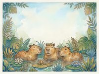 Three adorable capybaras relaxing in tropical pond surrounded by lush jungle foliage frame, watercolor illustration for children's books and nature designs.