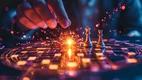Glowing chess pieces on illuminated board with magical light effects and sparks. Hand moving strategic figure in dramatic atmosphere with bokeh lights and mystical ambiance.