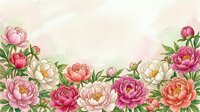 Watercolor peony border frame with pink coral white flowers and green leaves on soft pastel background for wedding invitations greeting cards design.