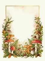 Watercolor autumn forest frame with mushrooms, ferns and foliage on textured paper background for seasonal greeting cards and botanical designs.