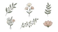 Botanical line art illustrations featuring delicate leaves, branches, and blooms in muted tones. Isolated botanical elements ready for design use on textiles, stationery, and branding projects.