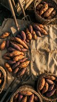 Fresh harvested sweet potatoes in wicker baskets with garden tools on burlap sack. Organic farming and autumn harvest concept for healthy cooking and agriculture.