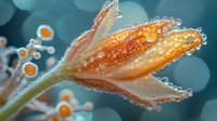 Orange tulip flower covered in morning dew drops against blurred teal background, macro photography shows delicate water droplets on petals creating bokeh effect.