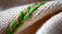 Delicate embroidery detail in bright green and beige threads on natural linen fabric, showing intricate braided pattern in macro photography. Textile art background.