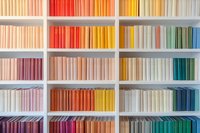 Colorful books arranged in rainbow gradient order on white shelves creating ombre effect, modern minimalist library organization system for interior design.