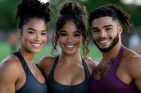 Three diverse young adults in athletic wear smiling together after outdoor workout, showing friendship and healthy lifestyle in park setting.