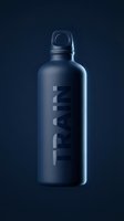 Dark blue metallic water bottle with carry loop and text branding on front, isolated against deep navy background. Suitable for beverage packaging mockups and product advertising.