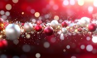 Festive red and silver Christmas ornaments with glittering bokeh lights and sparkling snow creating elegant holiday atmosphere.