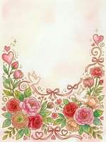 Romantic floral frame with pink and red roses, hearts, and decorative swirls on cream background. Isolated design suitable for wedding invitations, greeting cards, and stationery projects.