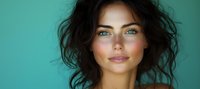 Young woman with dark wavy hair, bright blue eyes and natural makeup smiling confidently against turquoise background. Close up beauty portrait showing radiant skin.