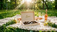 Romantic outdoor picnic with a wooden box of chocolates labeled Love, rose wine, and wildflowers on a knit blanket in a sunny green park.