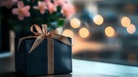Navy blue gift box with elegant brown satin ribbon bow on wooden surface against blurred bokeh lights and pink flowers background. Perfect for holiday celebrations.