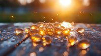 Water drops glowing in golden sunset light on wooden surface, with magical bokeh effect and natural lens flare creating dreamy atmosphere.