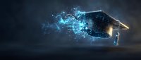 Digital transformation concept with glowing blue particles and geometric networks dissolving into cyber space for technology presentations.