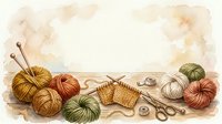 Watercolor knitting and crochet supplies arranged with yarn balls, needles, scissors, and buttons on neutral background for crafting projects.