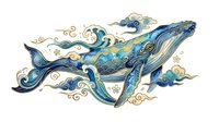 Decorative whale with ornamental swirls and flourishes in blue and gold tones, isolated on white background for design projects and creative applications.