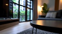 Modern minimalist living room interior with round black coffee table in foreground, gray sofa and large window with evening city view, cozy home atmosphere.
