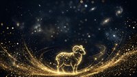 Golden dog silhouette surrounded by sparkling particles and stars on dark background, suitable for pet business branding, spiritual wellness, and mystical design projects.