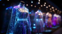Glowing blue holographic dress display with sparkles and bokeh lights in dark fashion showroom, futuristic haute couture concept with ethereal illumination effect.